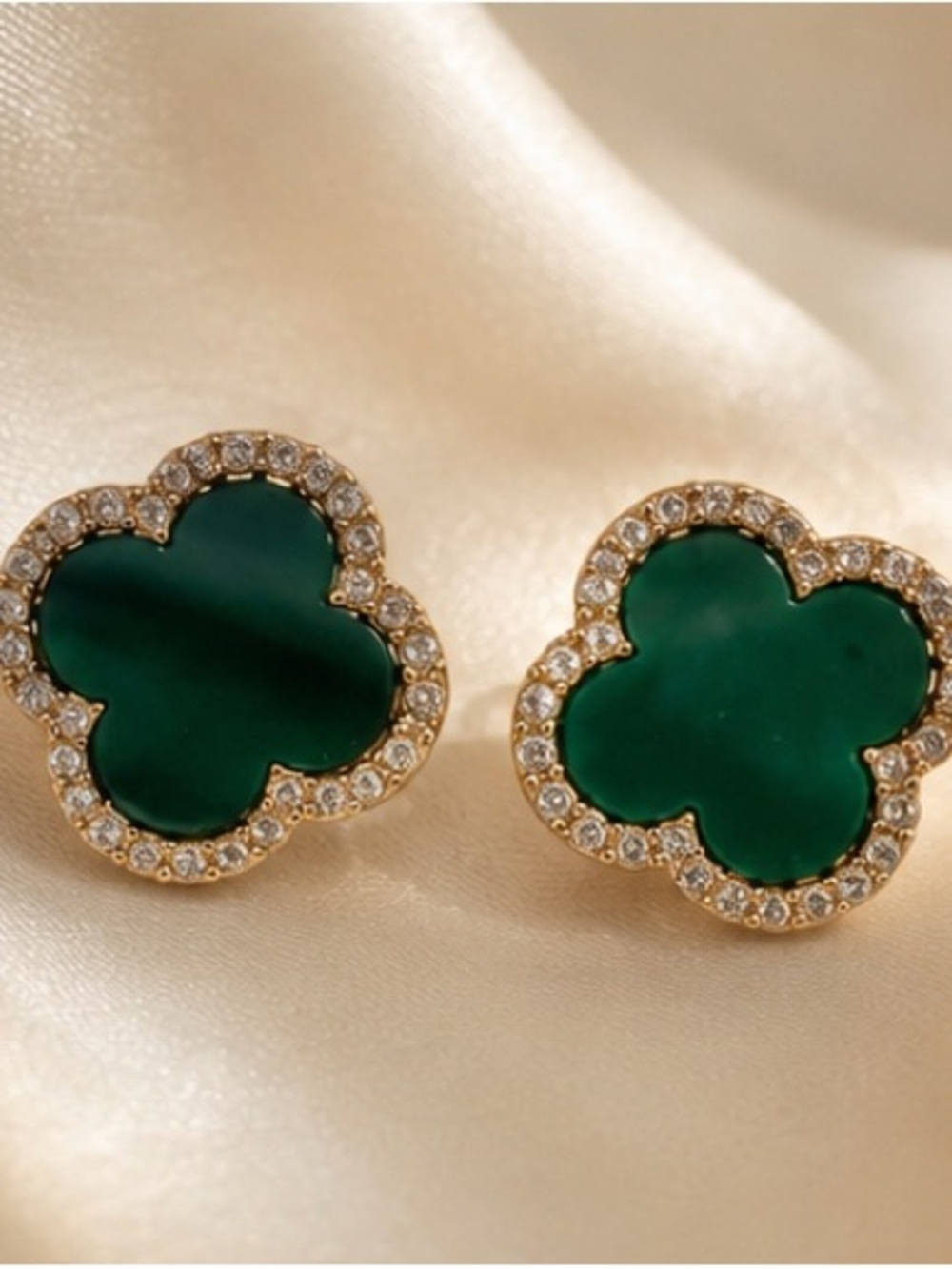 Designer-Inspired Green Crystal Halo Clover Stud Earrings